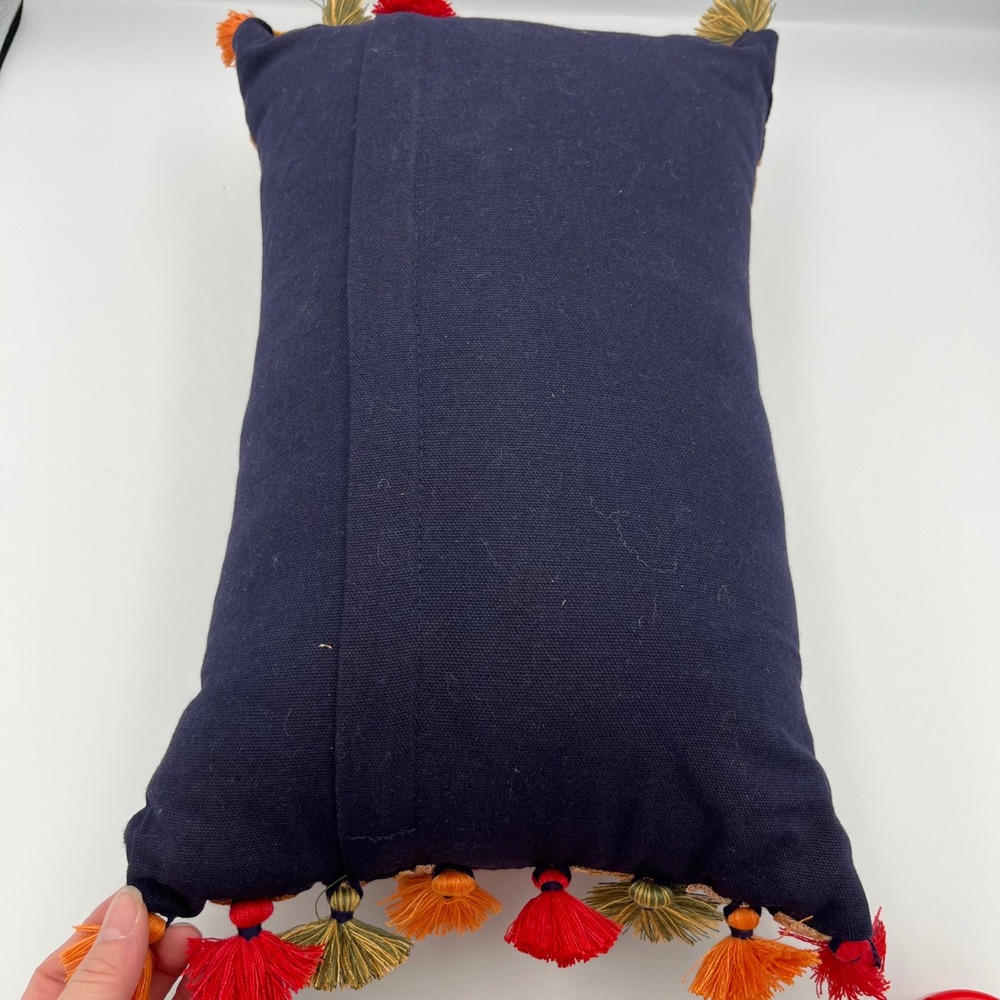 Boho Embroidered Pillow Navy Blue Floral Tassel Accent Decorative Accent Pillow - Picture 5 of 10